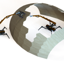 Eine schematische Zeichnung zeigt die kooperative Positionierung eines Bauteils von Turmdrehkran und Spinnenkran. Eine Drohne fliegt über die Szene.